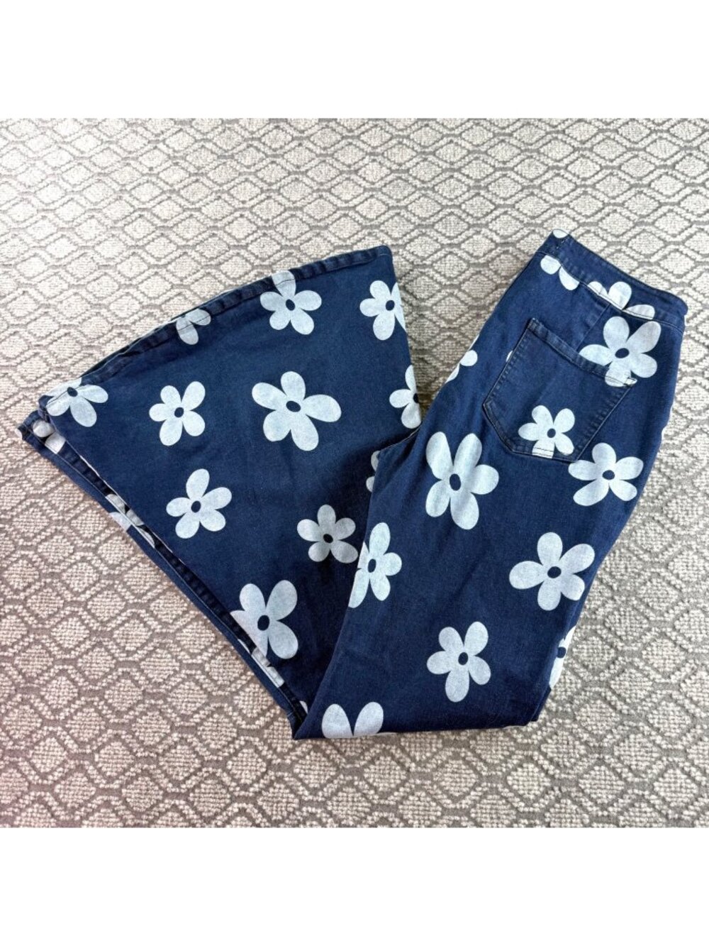 Style U Retro High Waist Flare Jeans Flower Pattern Dramatic Bell Bottoms Large